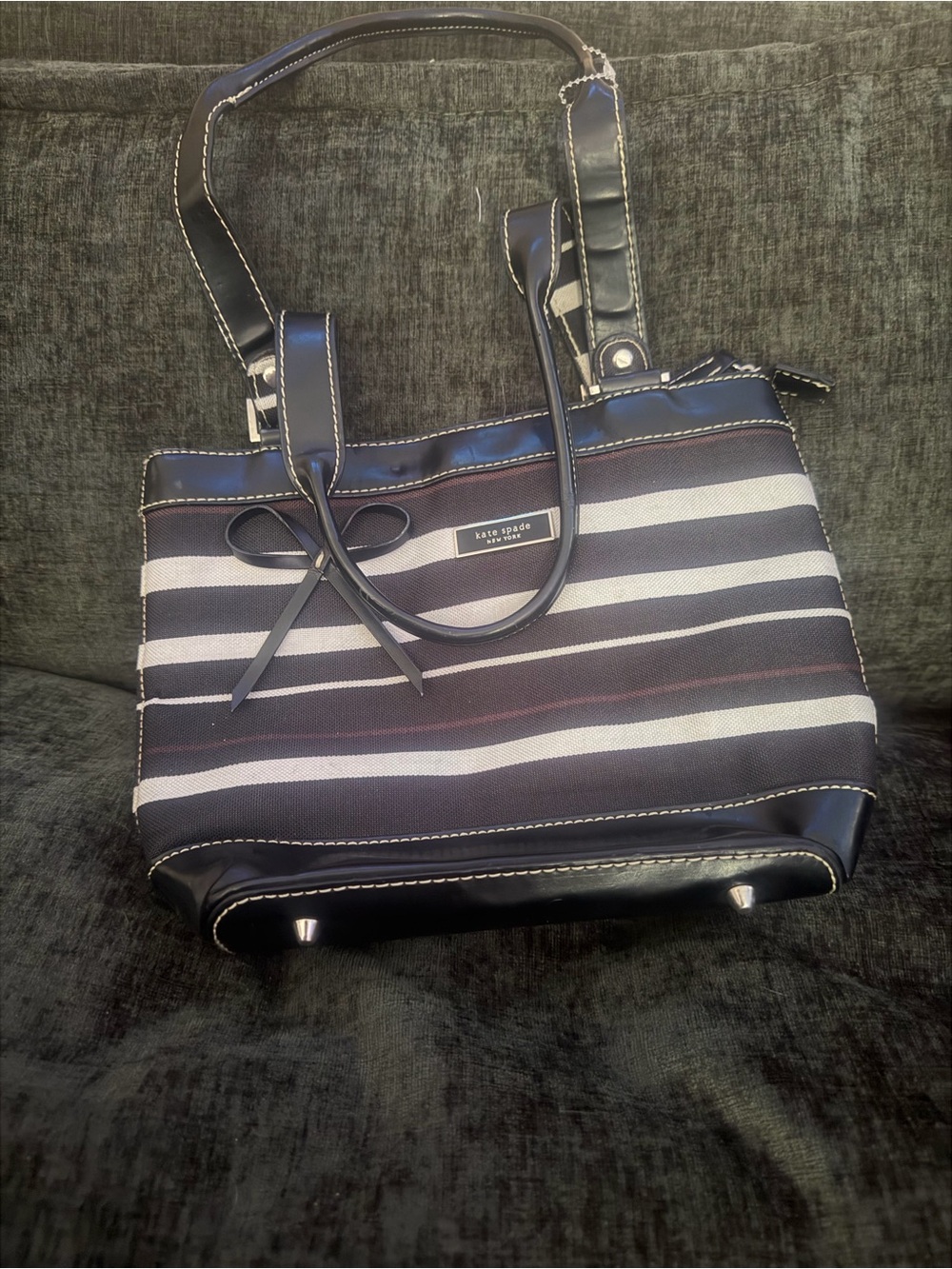 kate spade Black and White Striped Tote with Bow Detail